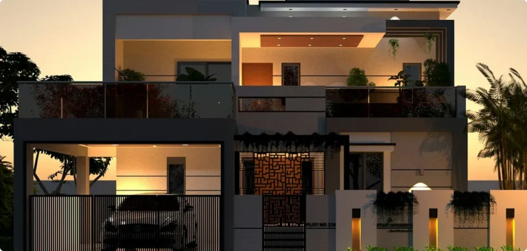 Modern two-story house at sunset, with large windows, balcony, and a car parked in the driveway, surrounded by trees.